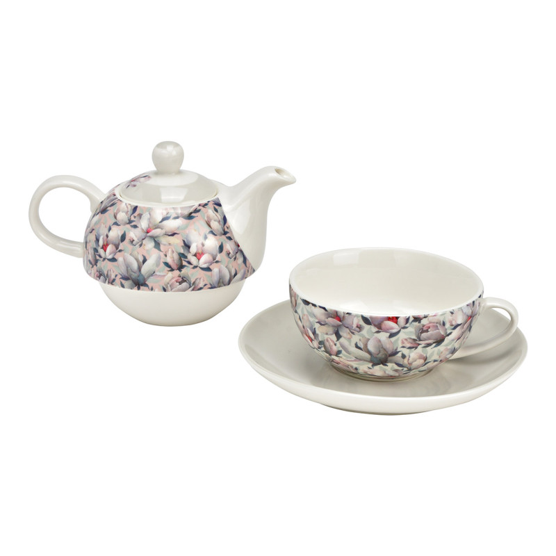 Théière égoïste Shabby chic 400 ml Porcelaine Blanc Biege Motif fleurs de magnolia Tea For One - 2