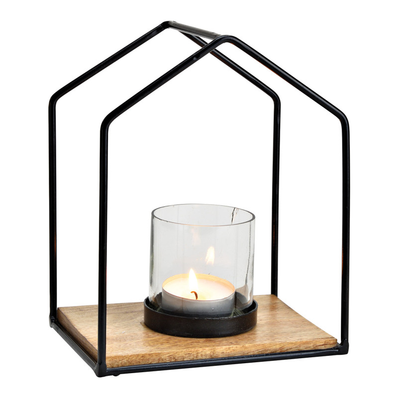 Photophore moderne chic Maison Hauteur 25 cm Métal Noir Bois de manguier Naturel Verre Transparent Kaeli - 1