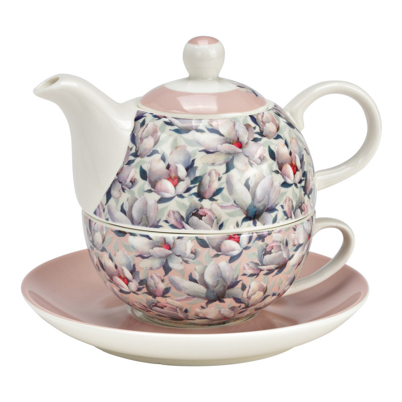 Théière égoïste Shabby chic 400 ml Porcelaine Blanc Rose Motif fleurs de magnolia Tea For One - 1