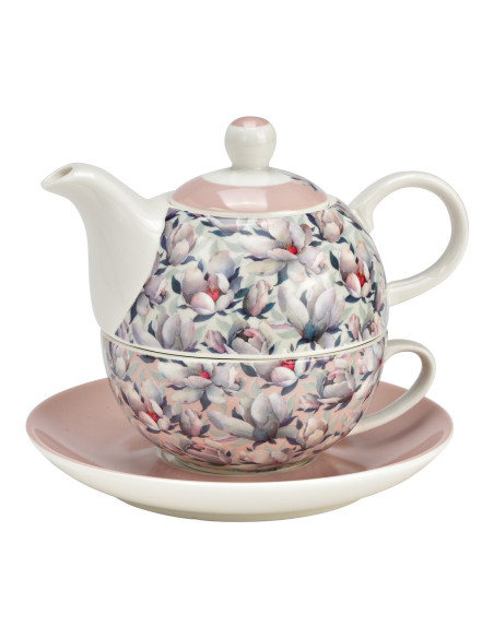 Théière égoïste Shabby chic 400 ml Porcelaine Blanc Rose Motif fleurs de magnolia Tea For One - 1