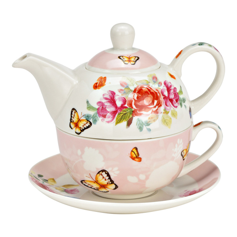 Théière égoïste Shabby chic 400 ml Porcelaine Blanc Rose Motif fleurs & papillons Tea For One - 1