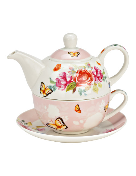 Théière égoïste Shabby chic 400 ml Porcelaine Blanc Rose Motif fleurs & papillons Tea For One - 1