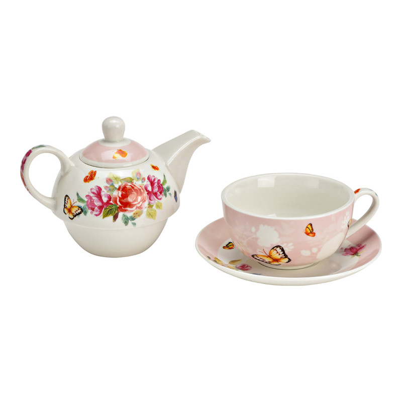 Théière égoïste Shabby chic 400 ml Porcelaine Blanc Rose Motif fleurs & papillons Tea For One - 2