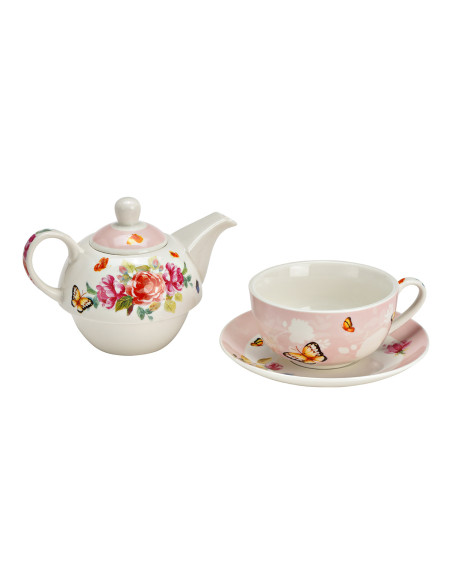 Théière égoïste Shabby chic 400 ml Porcelaine Blanc Rose Motif fleurs & papillons Tea For One - 2