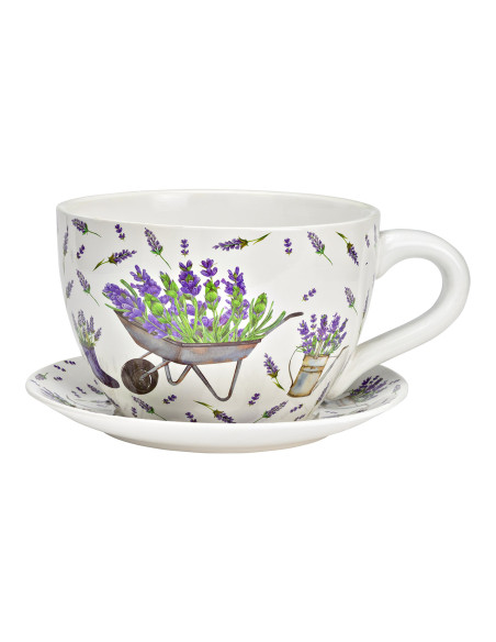 Cache-pot Tasse shabby chic 34 cm Céramique Blanc Motif lavande Ohran - 1
