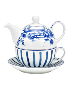 Théière égoïste romantique chic Porcelaine Blanc Bleu Motif fleurs & rayures Tea For One - 1