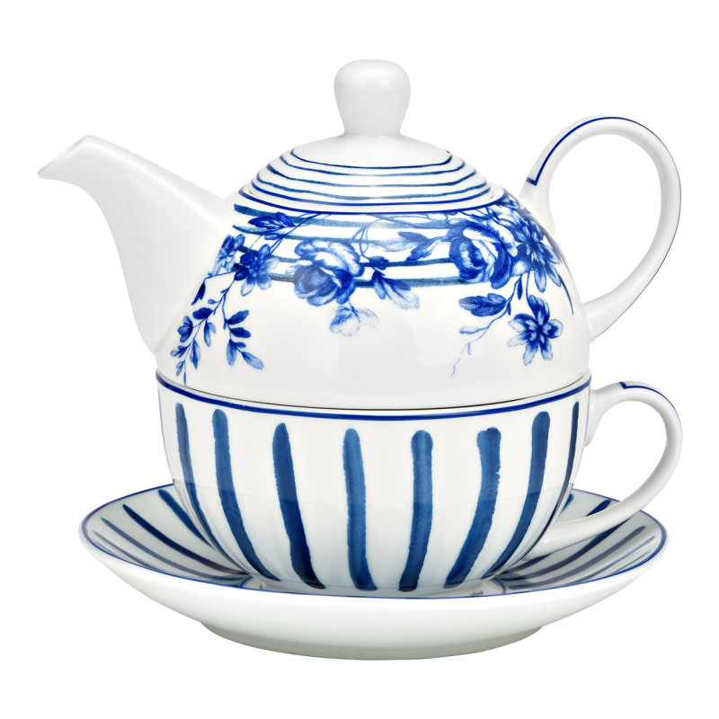 Théière égoïste romantique chic Porcelaine Blanc Bleu Motif fleurs & rayures Tea For One - 1