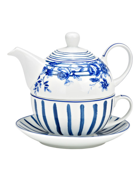 Théière égoïste romantique chic Porcelaine Blanc Bleu Motif fleurs & rayures Tea For One - 1
