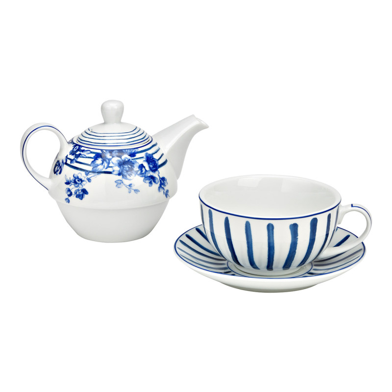 Théière égoïste romantique chic Porcelaine Blanc Bleu Motif fleurs & rayures Tea For One - 2