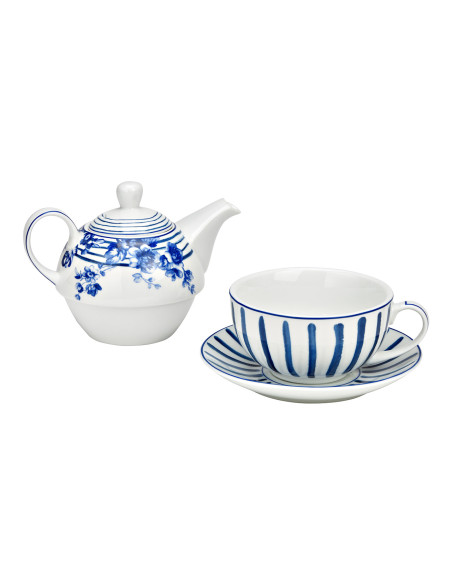 Théière égoïste romantique chic Porcelaine Blanc Bleu Motif fleurs & rayures Tea For One - 2