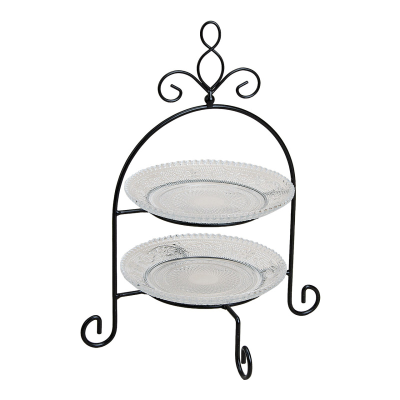 Présentoir 2 étages shabby chic Rond Hauteur 28 cm Verre Transparent Métal Noir Winor - 1