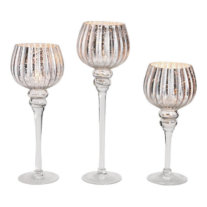 Grand Photophore sur pied Calice Verre Argenté Cannelé Transparent Kovan (Lot de 3) - 1