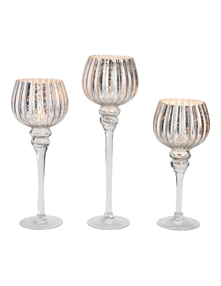 Grand Photophore sur pied Calice Verre Argenté Cannelé Transparent Kovan (Lot de 3) - 1