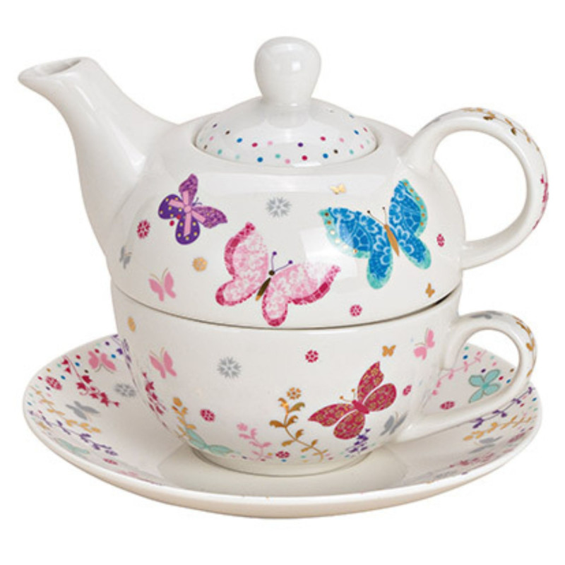 Théière égoïste Shabby chic 400 ml Porcelaine Blanc Motif papillons Tea For One - 1