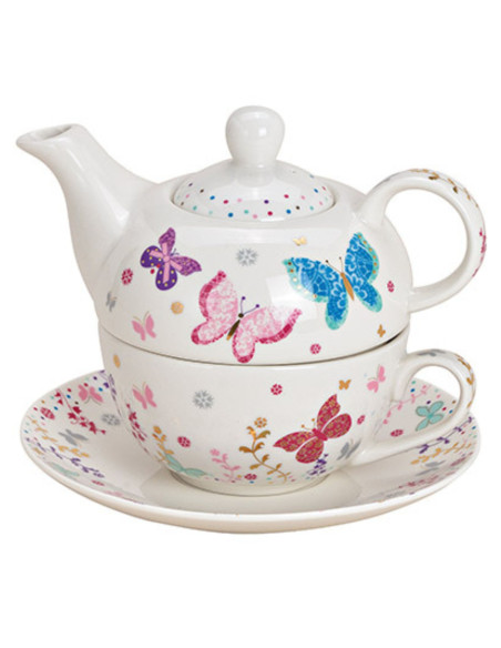 Théière égoïste Shabby chic 400 ml Porcelaine Blanc Motif papillons Tea For One - 1