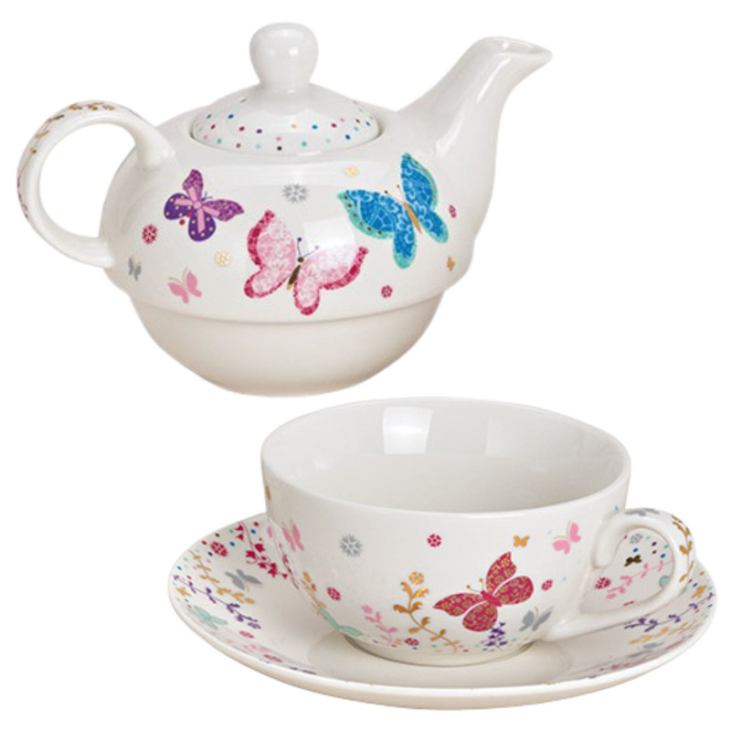 Théière égoïste Shabby chic 400 ml Porcelaine Blanc Motif papillons Tea For One - 2