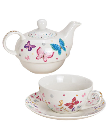 Théière égoïste Shabby chic 400 ml Porcelaine Blanc Motif papillons Tea For One - 2