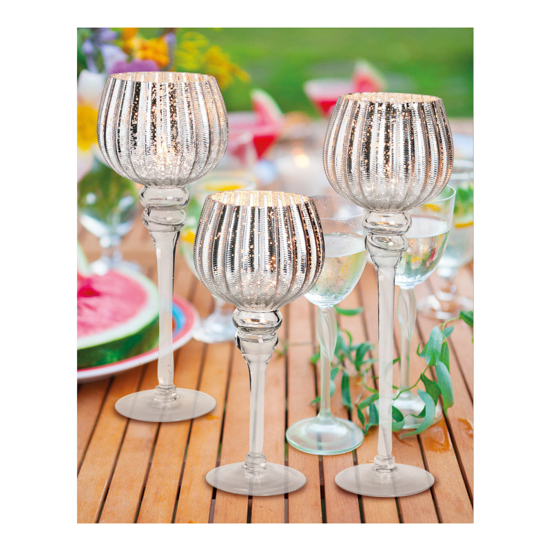 Grand Photophore sur pied Calice Verre Argenté Cannelé Transparent Kovan (Lot de 3) - 4