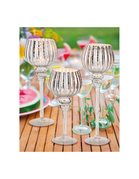 Grand Photophore sur pied Calice Verre Argenté Cannelé Transparent Kovan (Lot de 3) - 4