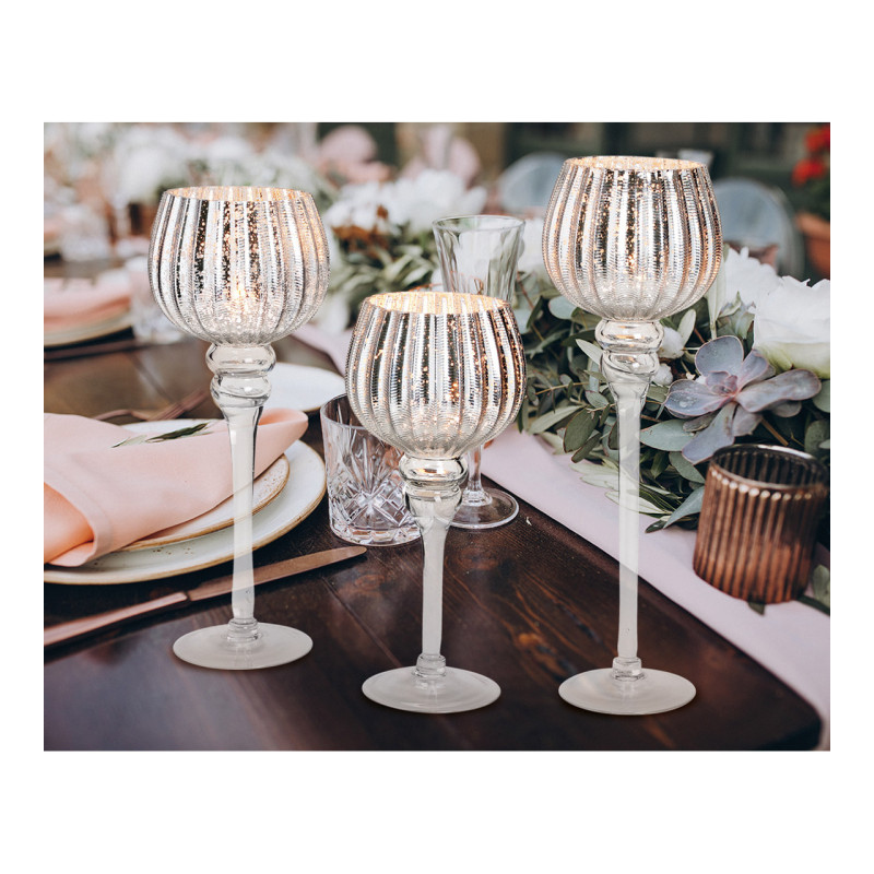 Grand Photophore sur pied Calice Verre Argenté Cannelé Transparent Kovan (Lot de 3) - 5