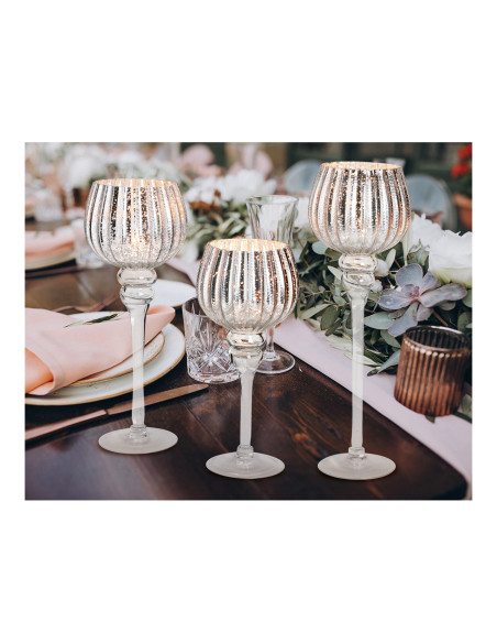 Grand Photophore sur pied Calice Verre Argenté Cannelé Transparent Kovan (Lot de 3) - 5