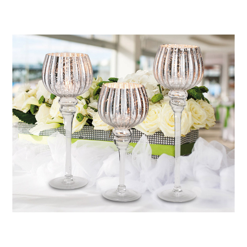 Grand Photophore sur pied Calice Verre Argenté Cannelé Transparent Kovan (Lot de 3) - 6