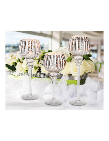 Grand Photophore sur pied Calice Verre Argenté Cannelé Transparent Kovan (Lot de 3) - 6