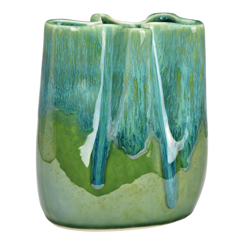 Vase moderne ondulé Organique Hauteur 18 cm Céramique Vert Bleu Glaze dripping Savik - 1