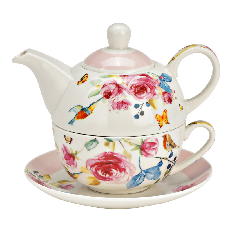 Théière égoïste Shabby chic 400 ml Porcelaine Blanc Rose Motif fleurs Tea For One - 1