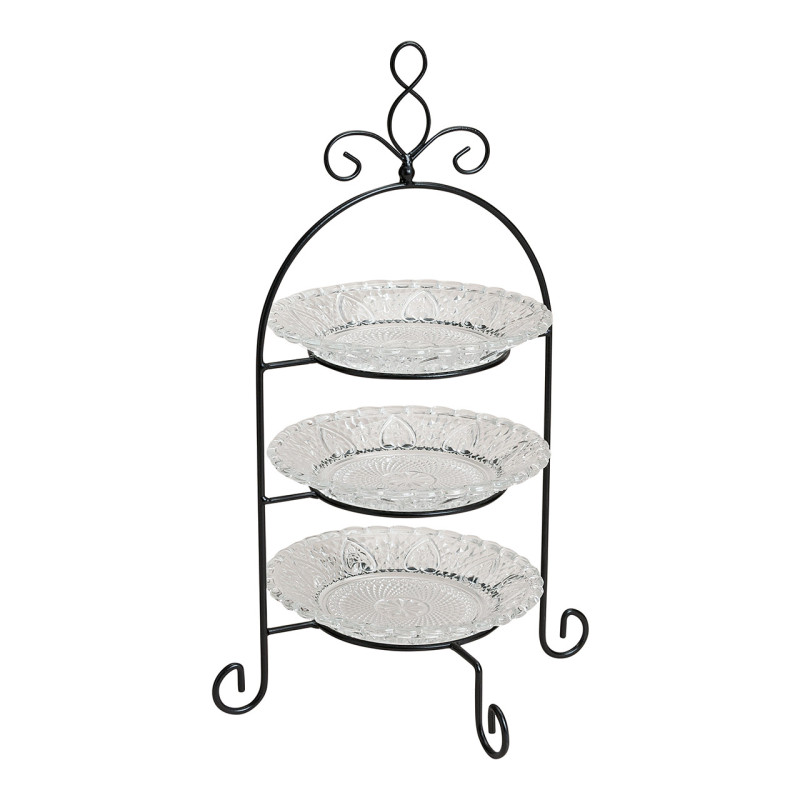 Présentoir 3 étages shabby chic Rond Hauteur 37 cm Verre Transparent Métal Noir Winor - 1