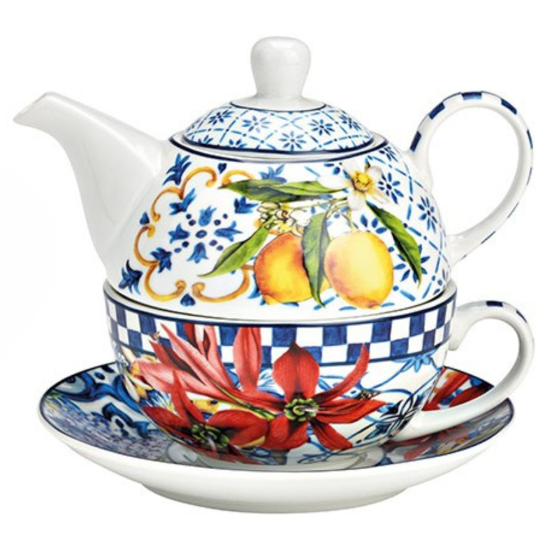 Théière égoïste Porcelaine Blanc Bleu Motif méditerranées Tea For One - 1