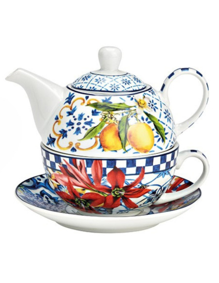 Théière égoïste Porcelaine Blanc Bleu Motif méditerranées Tea For One - 1