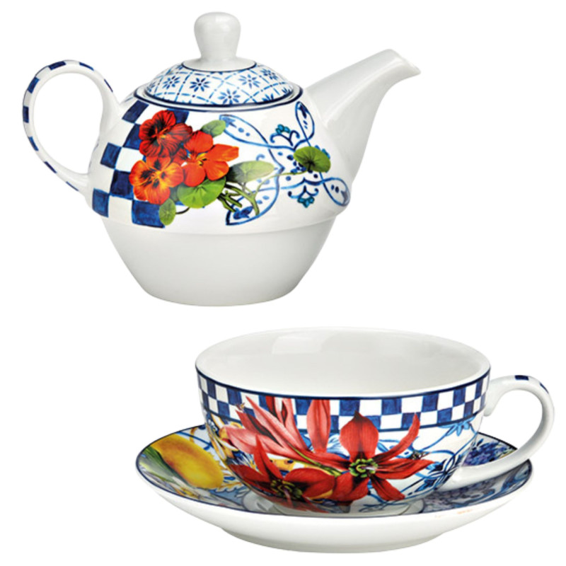 Théière égoïste Porcelaine Blanc Bleu Motif méditerranées Tea For One - 2