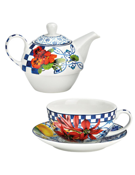 Théière égoïste Porcelaine Blanc Bleu Motif méditerranées Tea For One - 2
