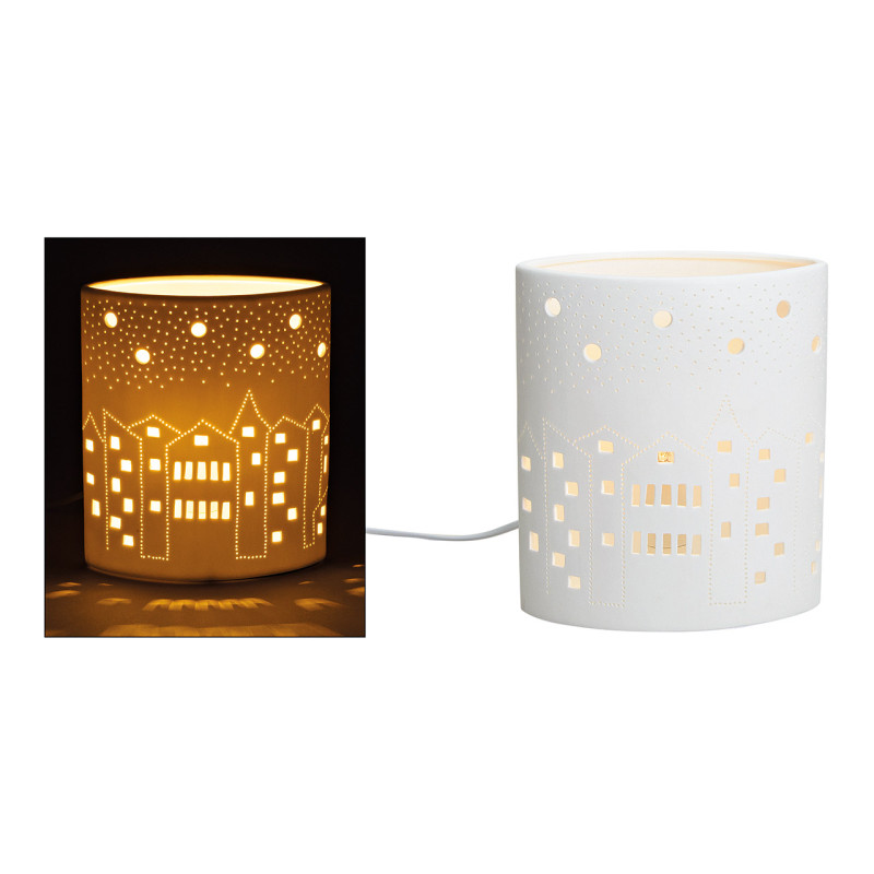 Lampe à poser ajourée Maisons Hauteur 20 cm Porcelaine Blanc Hauser - 1