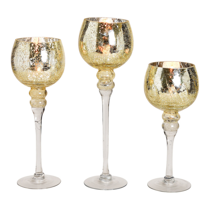 Grand Photophore sur pied Calice Verre Doré Craquelé Transparent Kovan (Lot de 3) - 1