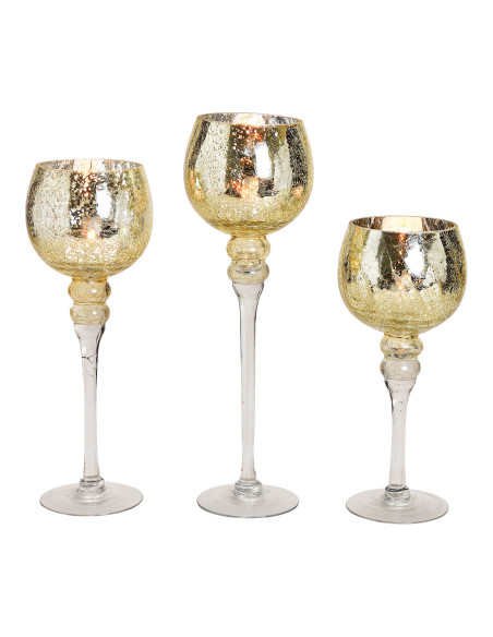 Grand Photophore sur pied Calice Verre Doré Craquelé Transparent Kovan (Lot de 3) - 1