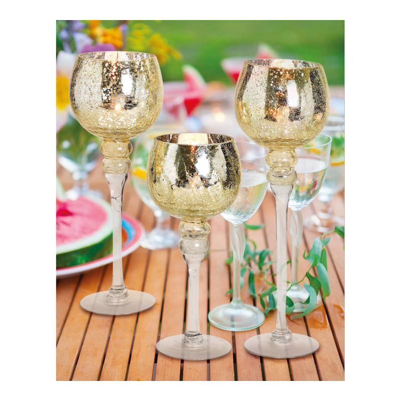 Grand Photophore sur pied Calice Verre Doré Craquelé Transparent Kovan (Lot de 3) - 4