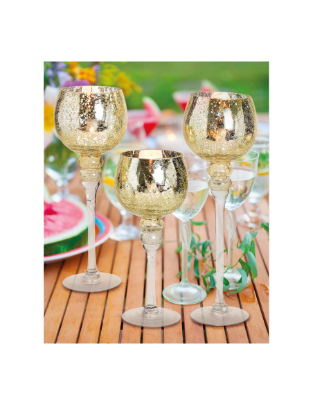 Grand Photophore sur pied Calice Verre Doré Craquelé Transparent Kovan (Lot de 3) - 4