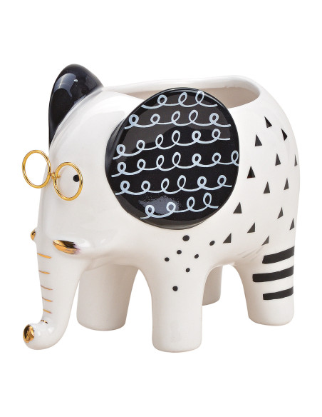 Cache-pot original Éléphant à lunettes 16 cm Céramique Blanc Noir Doré Oravi - 1