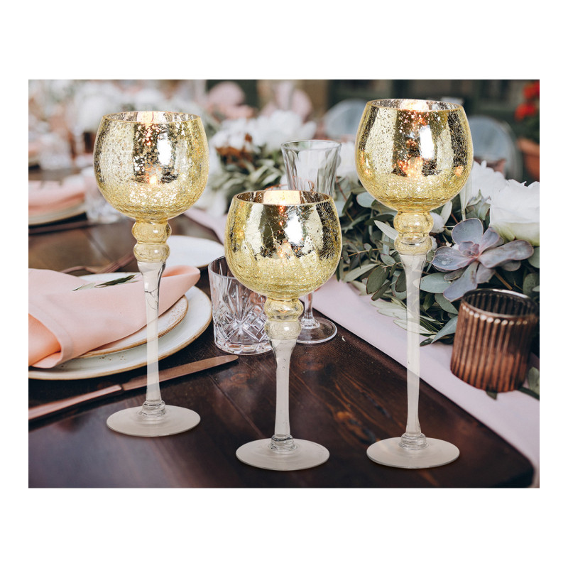 Grand Photophore sur pied Calice Verre Doré Craquelé Transparent Kovan (Lot de 3) - 5