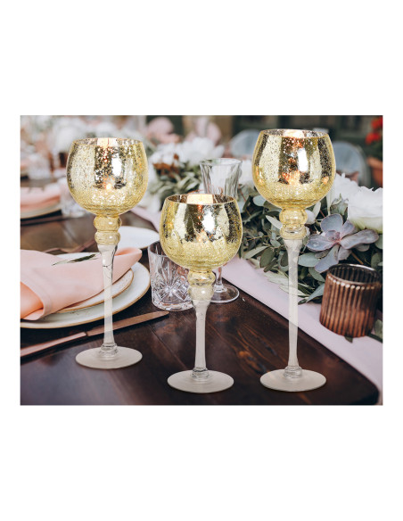 Grand Photophore sur pied Calice Verre Doré Craquelé Transparent Kovan (Lot de 3) - 5