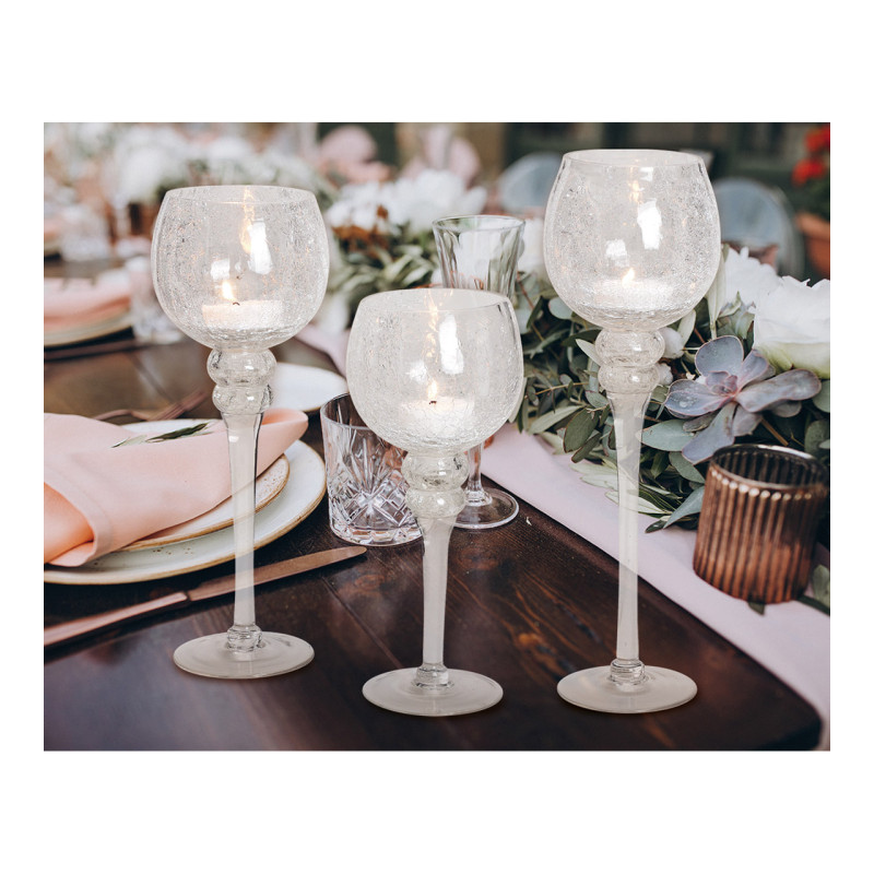 Grand Photophore sur pied Calice Verre Transparent Craquelé Kovan (Lot de 3) - 5