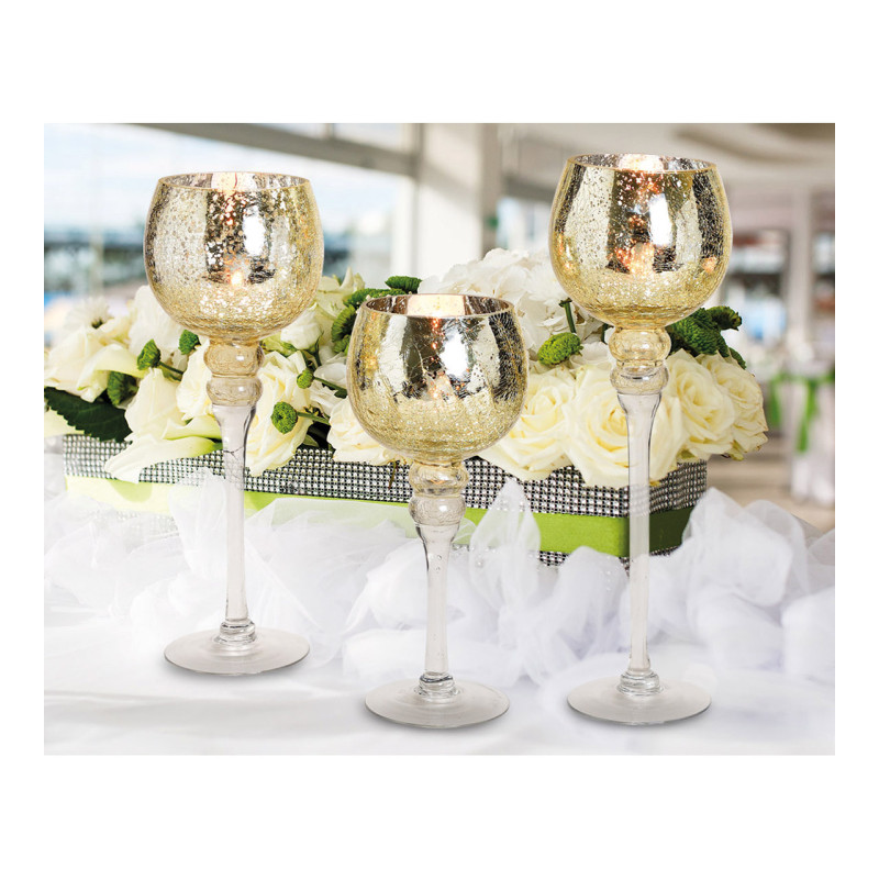 Grand Photophore sur pied Calice Verre Doré Craquelé Transparent Kovan (Lot de 3) - 6