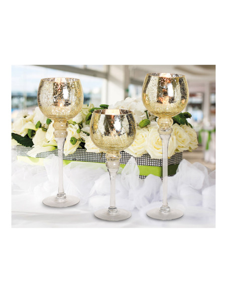 Grand Photophore sur pied Calice Verre Doré Craquelé Transparent Kovan (Lot de 3) - 6