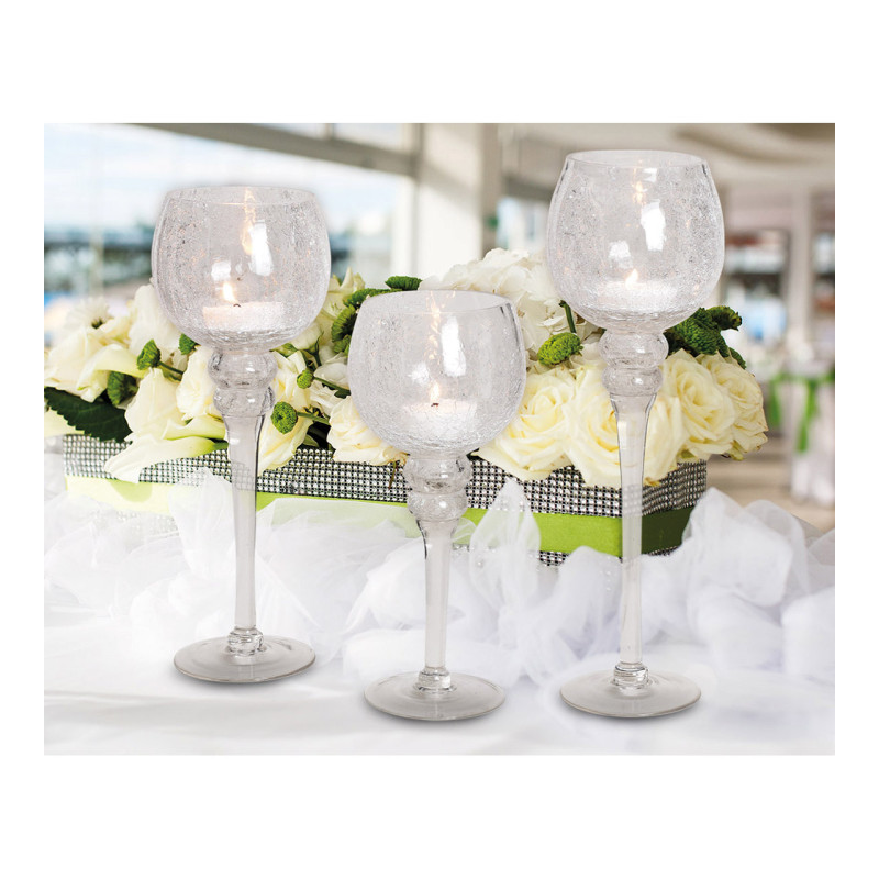 Grand Photophore sur pied Calice Verre Transparent Craquelé Kovan (Lot de 3) - 6