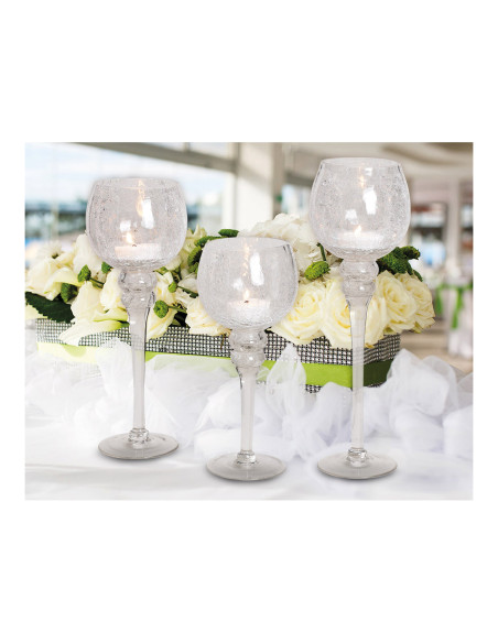 Grand Photophore sur pied Calice Verre Transparent Craquelé Kovan (Lot de 3) - 6