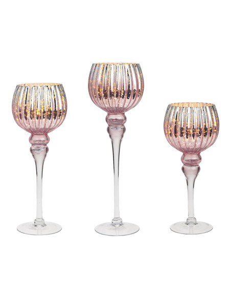 Grand Photophore sur pied Calice Verre Rose Transparent Korin (Lot de 3) - 1