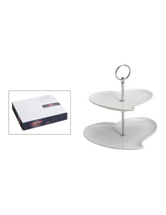 Présentoir 2 étagères Coeur Hauteur 24 cm Porcelaine Blanc Métal Argenté Lomea - 1