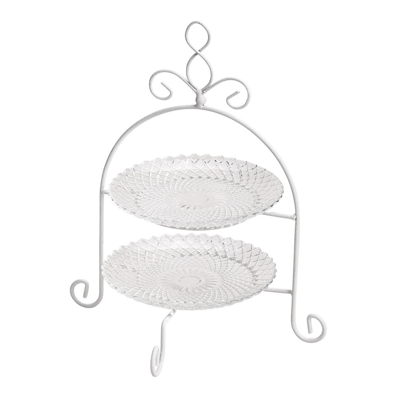 Présentoir 2 étages shabby chic Rond Hauteur 28 cm Verre Transparent Métal Blanc Winor - 1